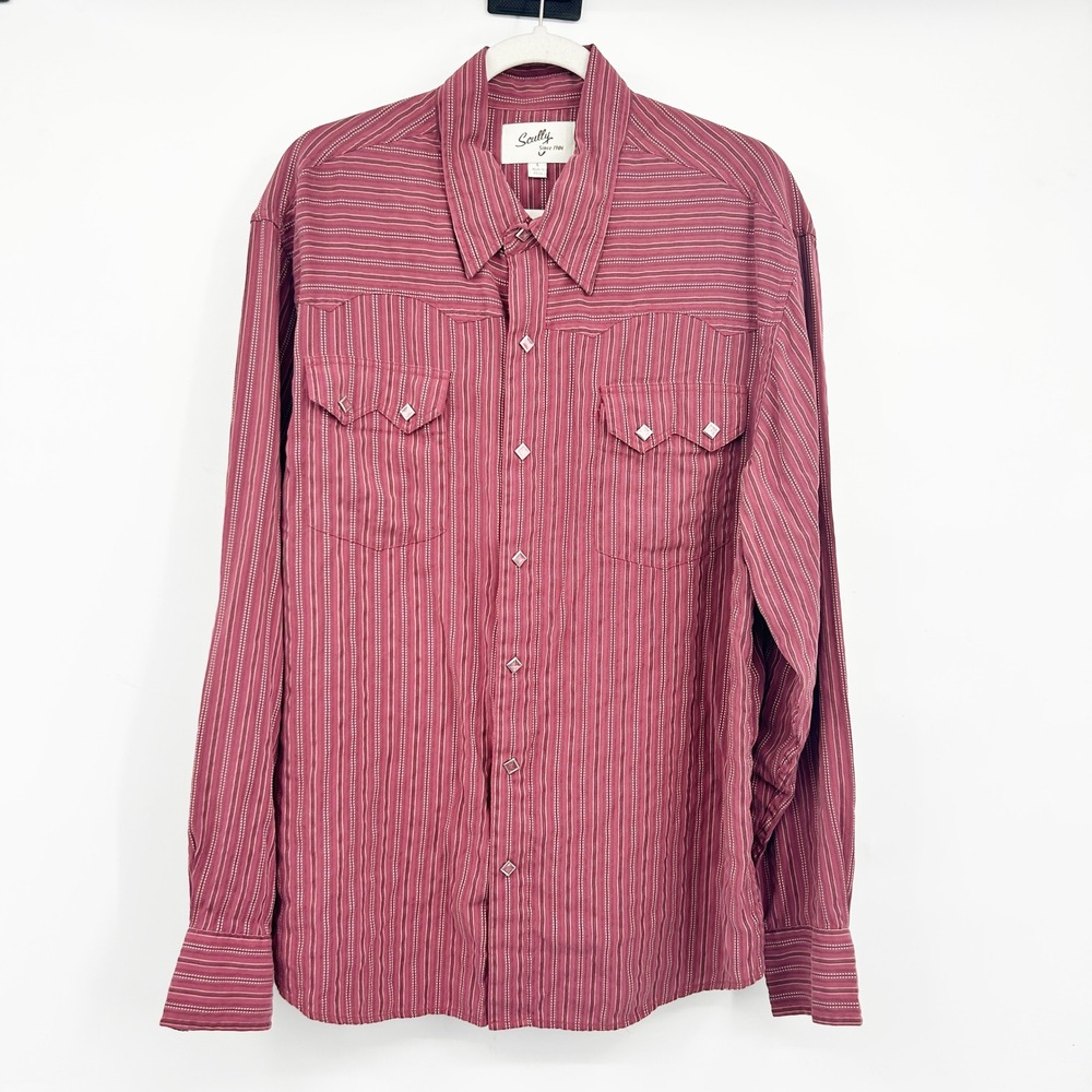 Scully‎ Mens Modal Blend Striped Pearl Snap Western Cowboy Shirt Size L Burgundy